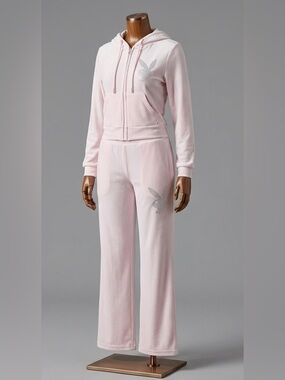 PLAYBOY Light Pink Velour Set - Zip Hoodie and Pants with Rhinestone Bunny New